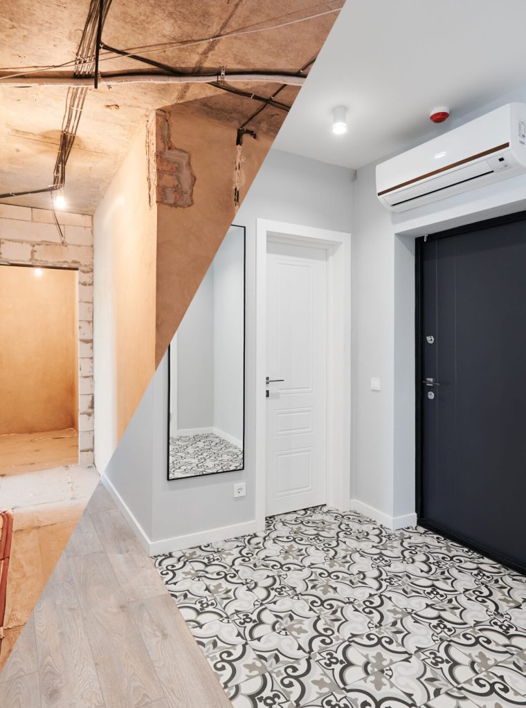 Comparison of old flat with underfloor heating pipes and new renovated apartment with modern interior design. Hallway with heated floor before and after renovation.
